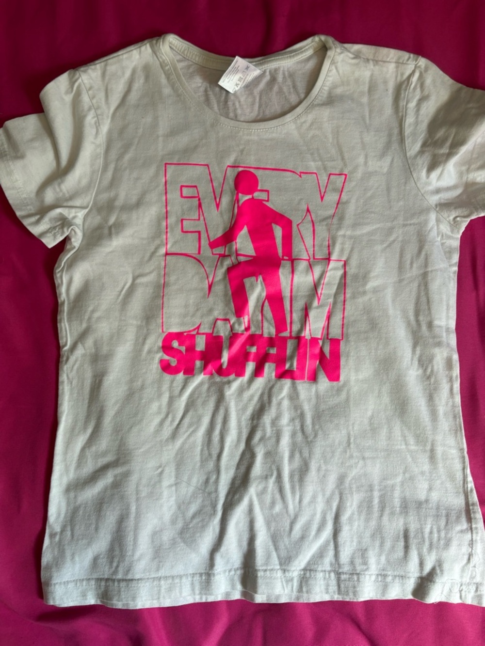 White Graphic Tee with Neon Pink 'Even Damm Shufflin' Design